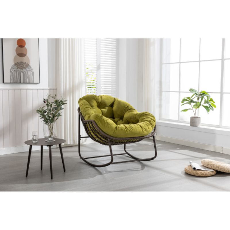 Fauteuil à bascule d'extérieur en rotin, coussin rembourré, fauteuil inclinable pour porche, salon, terrasse, jardin, vert olive_voghion.com