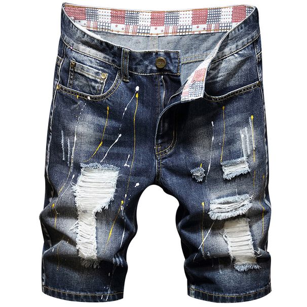 Herrebukser i ny stil, revet denimshorts, uformell, personlig, rette, løse, fempunktsbukser, trendy malingsstil_voghion.com