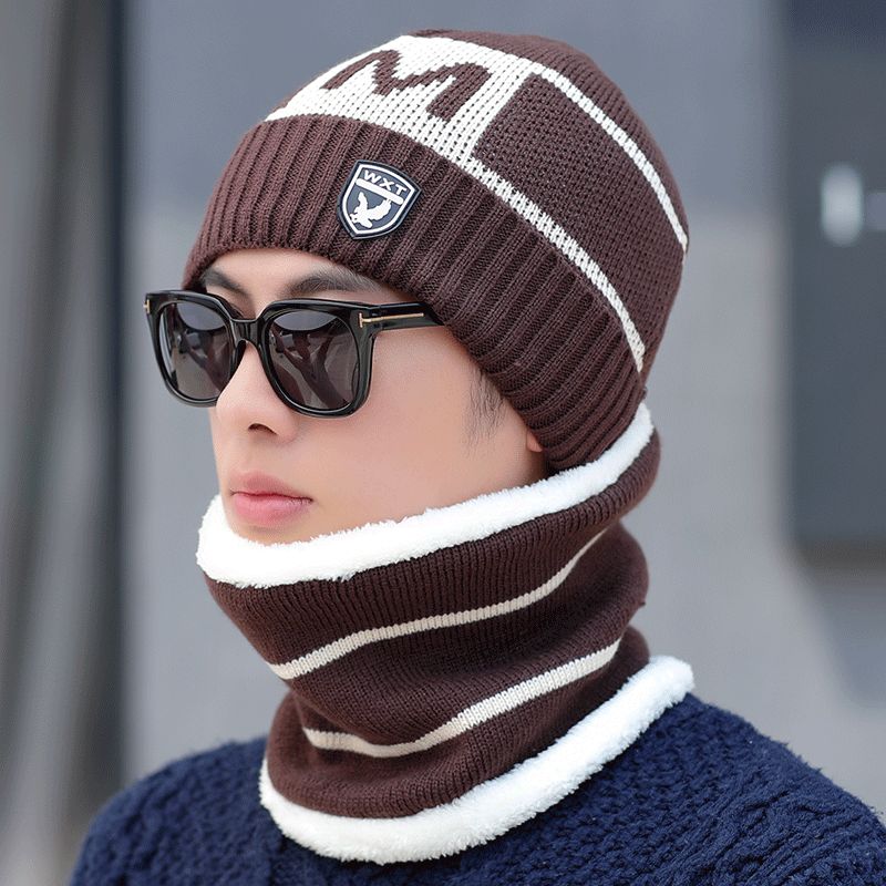 M Letter Men's Hat Winter Youth Warmth Thickened Knitted Woolen Hat Korean Edition Tidal Plush Cotton Hat Cold proof Pullover_voghion.com