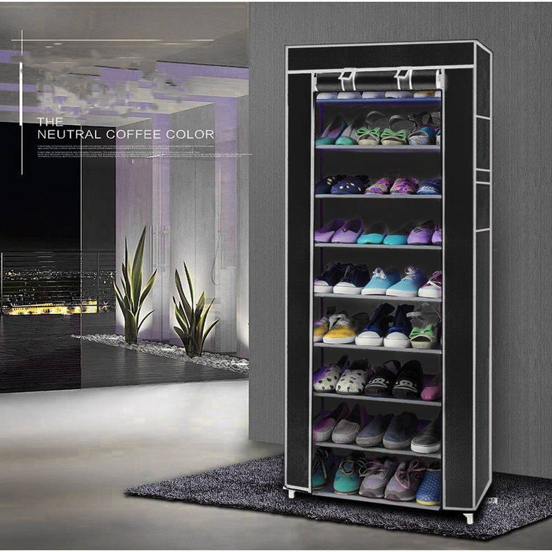 Platzsparendes Schuhregal aus Vliesstoff mit 10 Lagen und 9 Gittern, Schwarz_voghion.com