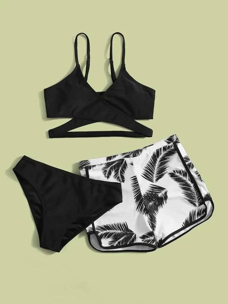 Damenbekleidung Mode sexy Bikini Bikini Multi-Color Federmuster Doppelhose dreiteilig_voghion.com