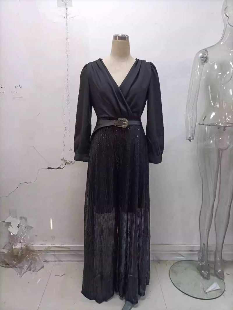 New Fashionable V Neck Long Sleeved Shirt, Elegant, Waist Slimming, Slimming Sequined Wide Leg Pants With Belt_voghion.com