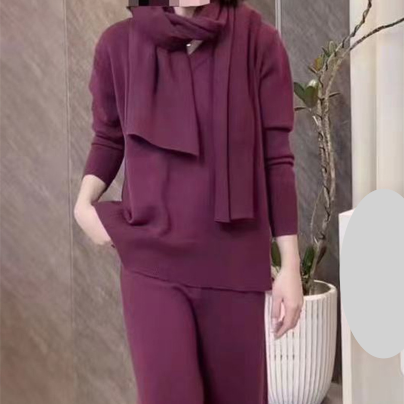 Women's Clothing Autumn And Winter New Scarf Top Trousers Three Piece Set Loose Lazy Style Slim Sweater Knitted Sweater Wide Leg Pants_voghion.com