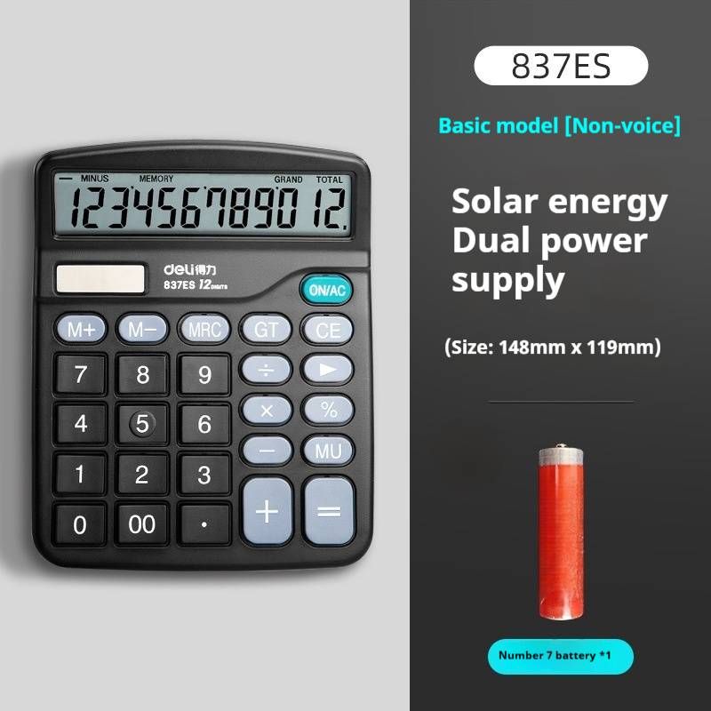 Deli 837ES Güneş ve Pil Çift Güçlü 12 Haneli Masaüstü Hesap Makinesi Ofis, Finans ve İş İçin (Siyah)_voghion.com