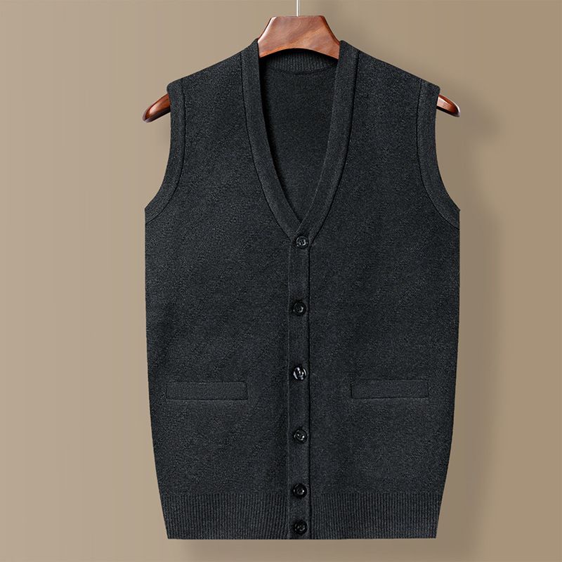 Gilet sans manches pour hommes d'âge moyen et âgés, cardigan à col en V, pull tricoté, poche d'automne pour papa_voghion.com