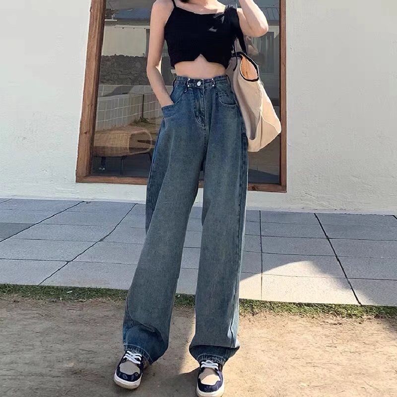 Høy midje, smale, vide jeans for kvinner om våren og høsten, trendy, rette, løsthengende jeans med innvendig passform, gulv_voghion.com