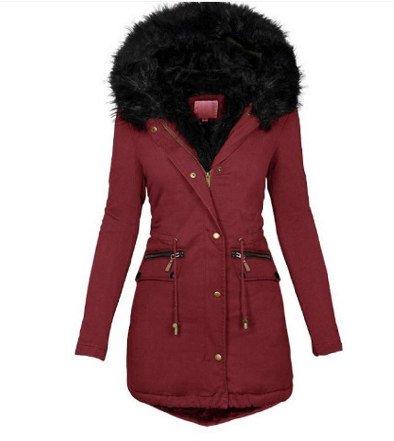 Cappotto da donna dimagrante in cotone con cerniera calda di media lunghezza con collo in pelliccia tinta unita con cappuccio_voghion.com