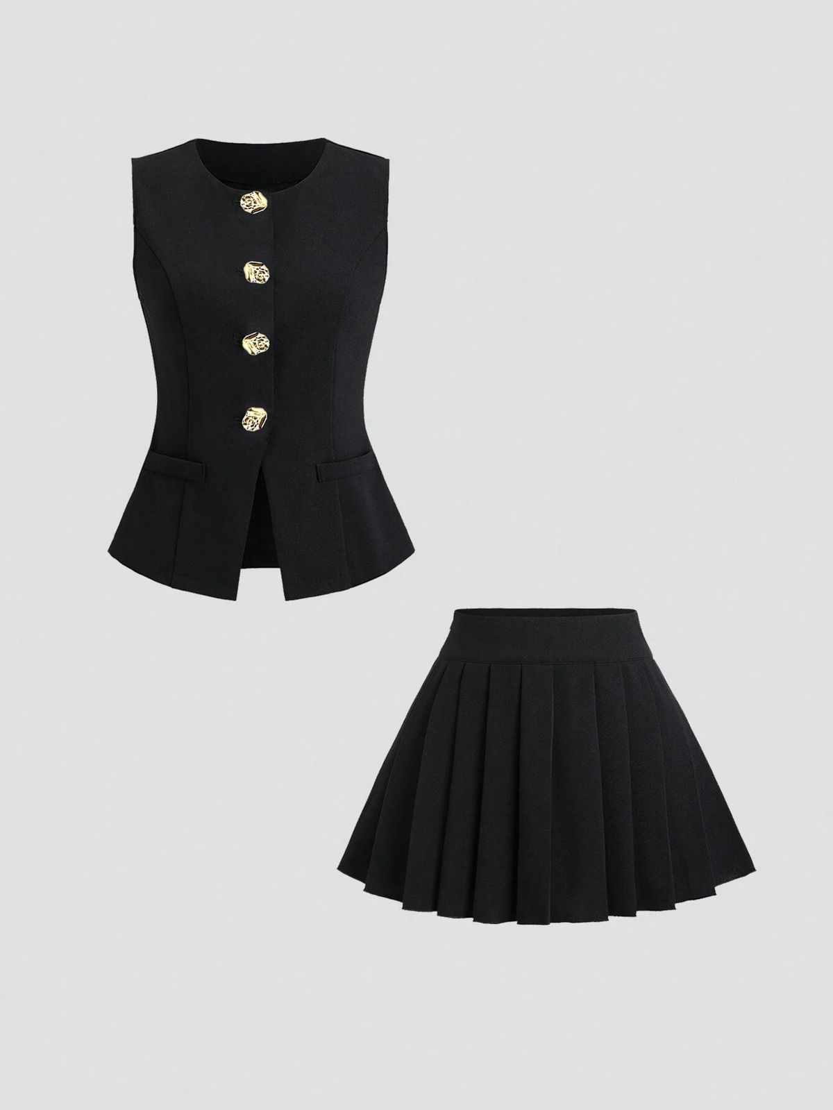 Elegant Black Two-Piece Skirt Set – Pleated Mini Skirt & Top (S/M/L/XL/XXL, Polyester, Casual Style)_voghion.com