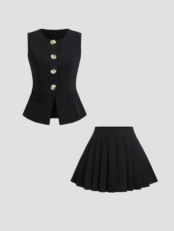 Elegant Black Two-Piece Skirt Set – Pleated Mini Skirt & Top (S/M/L/XL/XXL, Polyester, Casual Style)_voghion.com