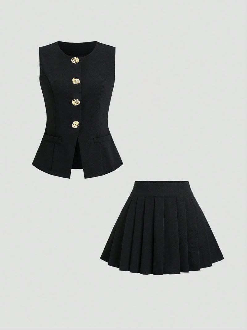 Ensemble deux pièces élégant avec jupe noire – Mini-jupe plissée et haut (S/M/L/XL/XXL, polyester, style décontracté)_voghion.com