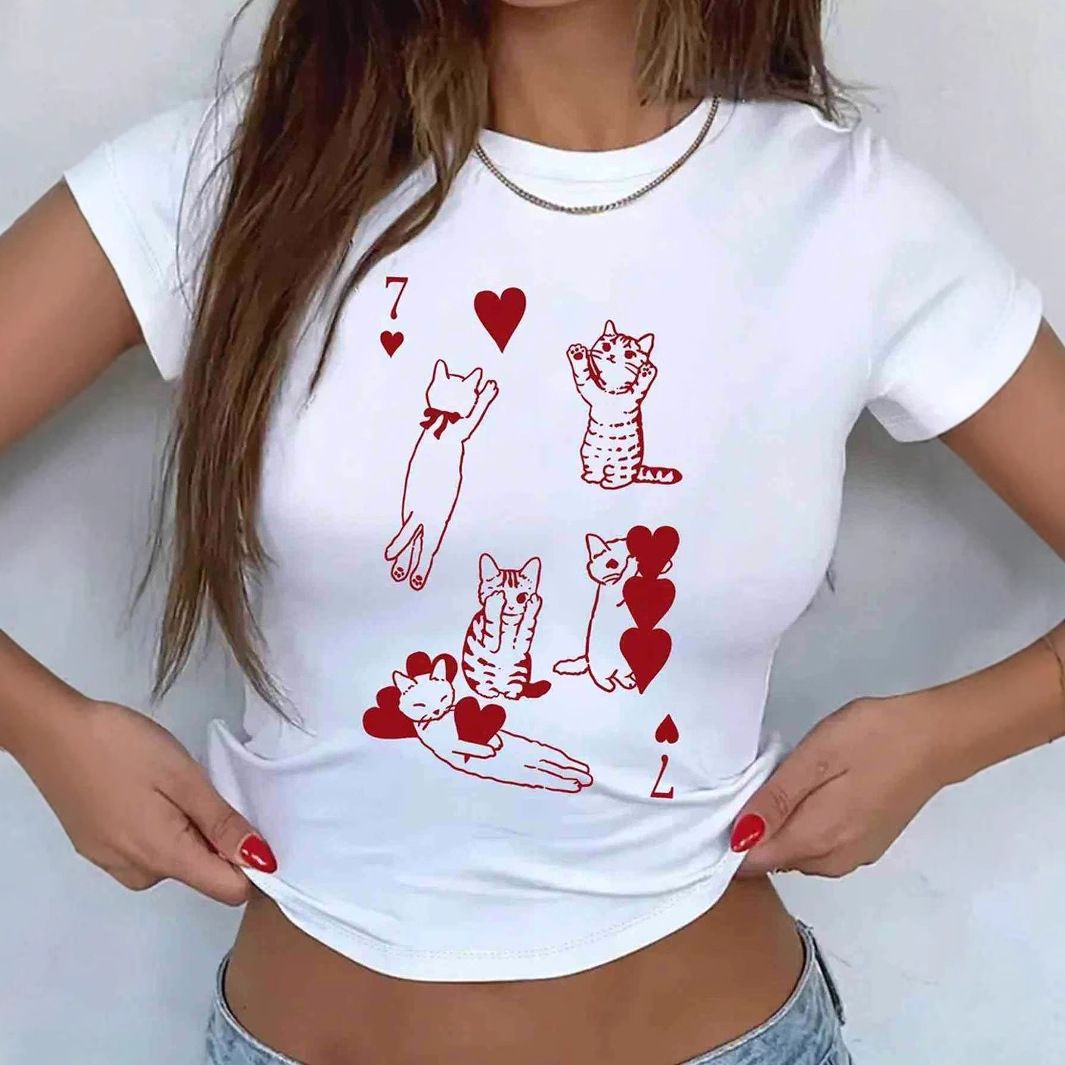 Sommer Y2K Spielkarten-Katzen-Print Schlankes und sexy amerikanisches Crop-Top mit freiliegenden Kurzarm-T-Shirts für Damen_voghion.com