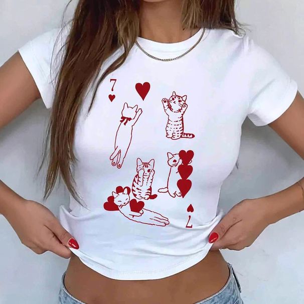 Sommer Y2K Spielkarten-Katzen-Print Schlankes und sexy amerikanisches Crop-Top mit freiliegenden Kurzarm-T-Shirts für Damen_voghion.com