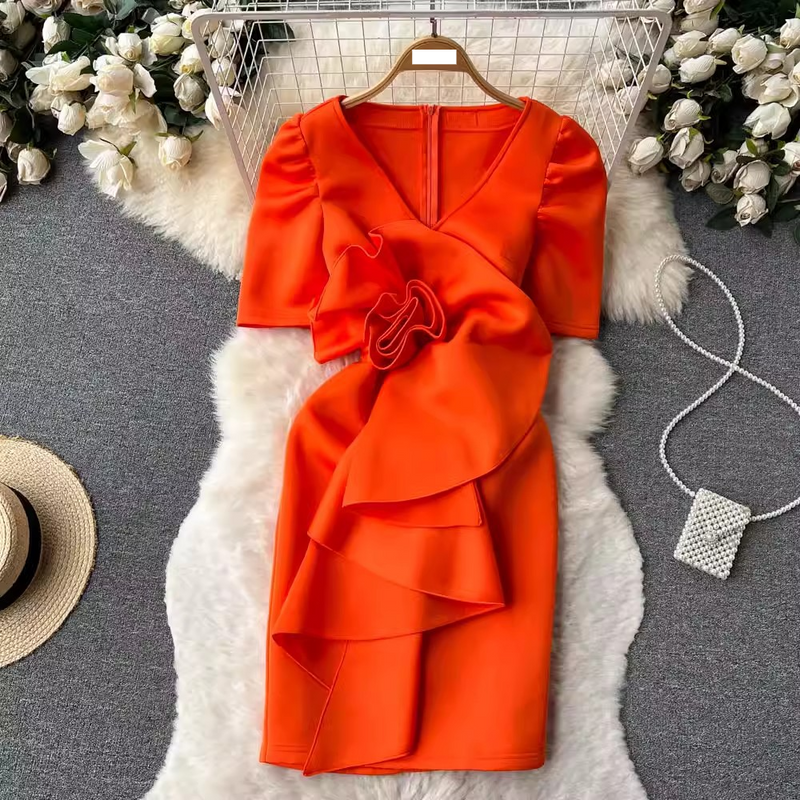 Women's Clothing Spring and summer V neck design three dimensional flower short sleeved Korean style slim ruffle temperament irregular hip dress_voghion.com