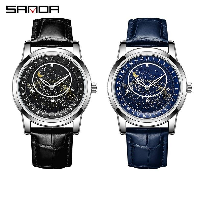 Men's Automatic Mechanical Watch With Rotating Starry Dial, Luminous Hands, 30M Water Resistant, Stainless Steel Clasp, Genuine Leather Strap_voghion.com