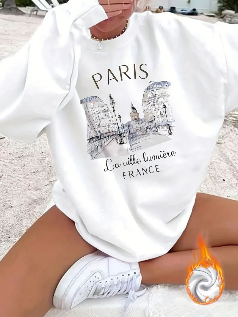 Damen-Kapuzenpullover mit Pariser Landschafts- und Textmuster – lässiger Langarm-Pullover mit Rundhalsausschnitt aus Polyester-Mischgewebe_voghion.com