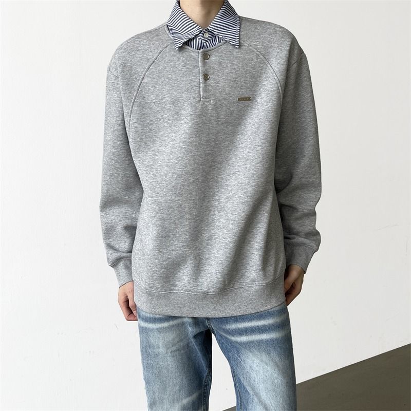 College style patchwork hoodie for men, loose and versatile polo collar, long sleeved T-shirt jacket_voghion.com
