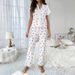 Women's Clothing Home Clothes Cherry Print Short Sleeved Lapel Pajamas Long Pants Two Piece Suit_voghion.com