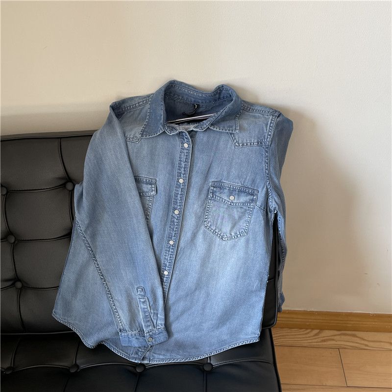 Women's Clothing Denim Order Lapel Long Sleeved Slim Shirt Spring Women's Boutique Shirt_voghion.com