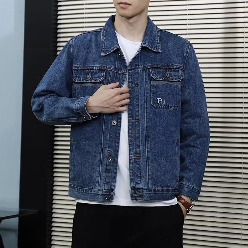 New denim jacket men's loose trendy brand autumn casual workwear jacket retro blue handsome denim jacket_voghion.com