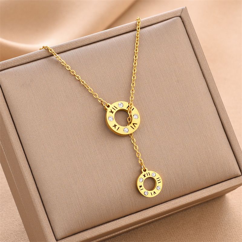 Halskette aus Titanstahl, Doppelring, Edelstahl-Anhänger, vielseitig einsetzbar, verblasst nicht, Glücksklee, Schlüsselbeinkette, Schmuck für Frauen_voghion.com