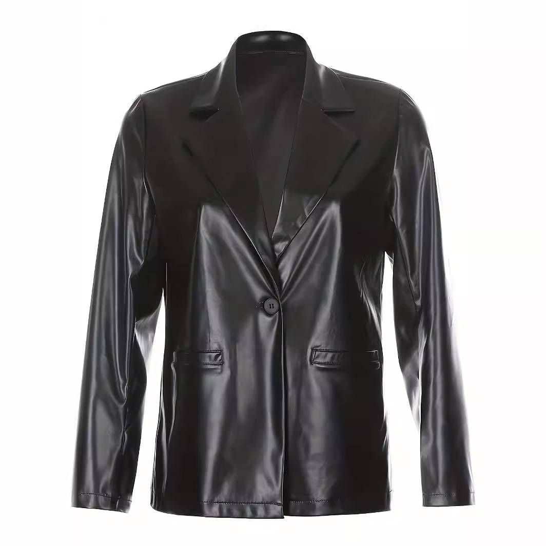 Frauen langarm lose elegante PU anzug jacke weibliche_voghion.com