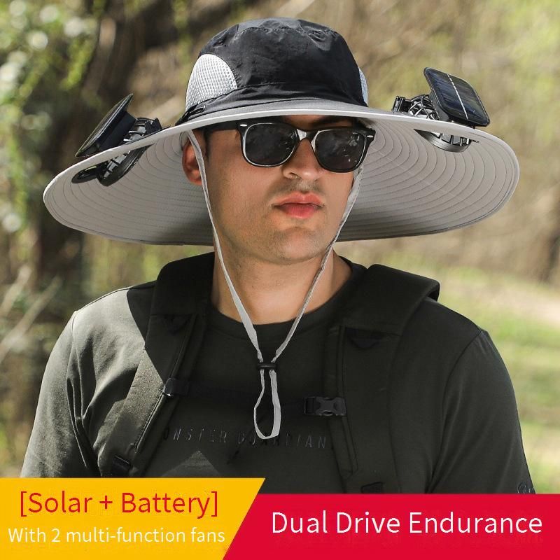 Chapéu com ventilador movido a energia solar e bateria recarregável - Boné de pesca de aba larga masculino com resfriamento rápido - Chapéu de sol para atividades ao ar livre de longa duração_voghion.com