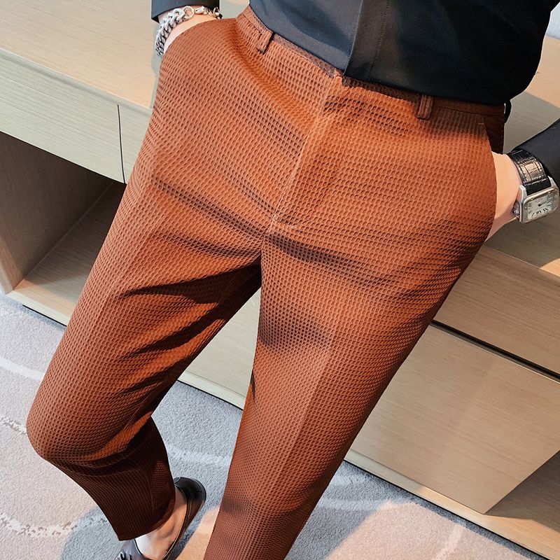 Men's Clothing Waffle Casual Trousers Men's Business Formal Suit Trousers Slim Fit Small Feet Free Ironing Elastic Waist Suit Trousers_voghion.com