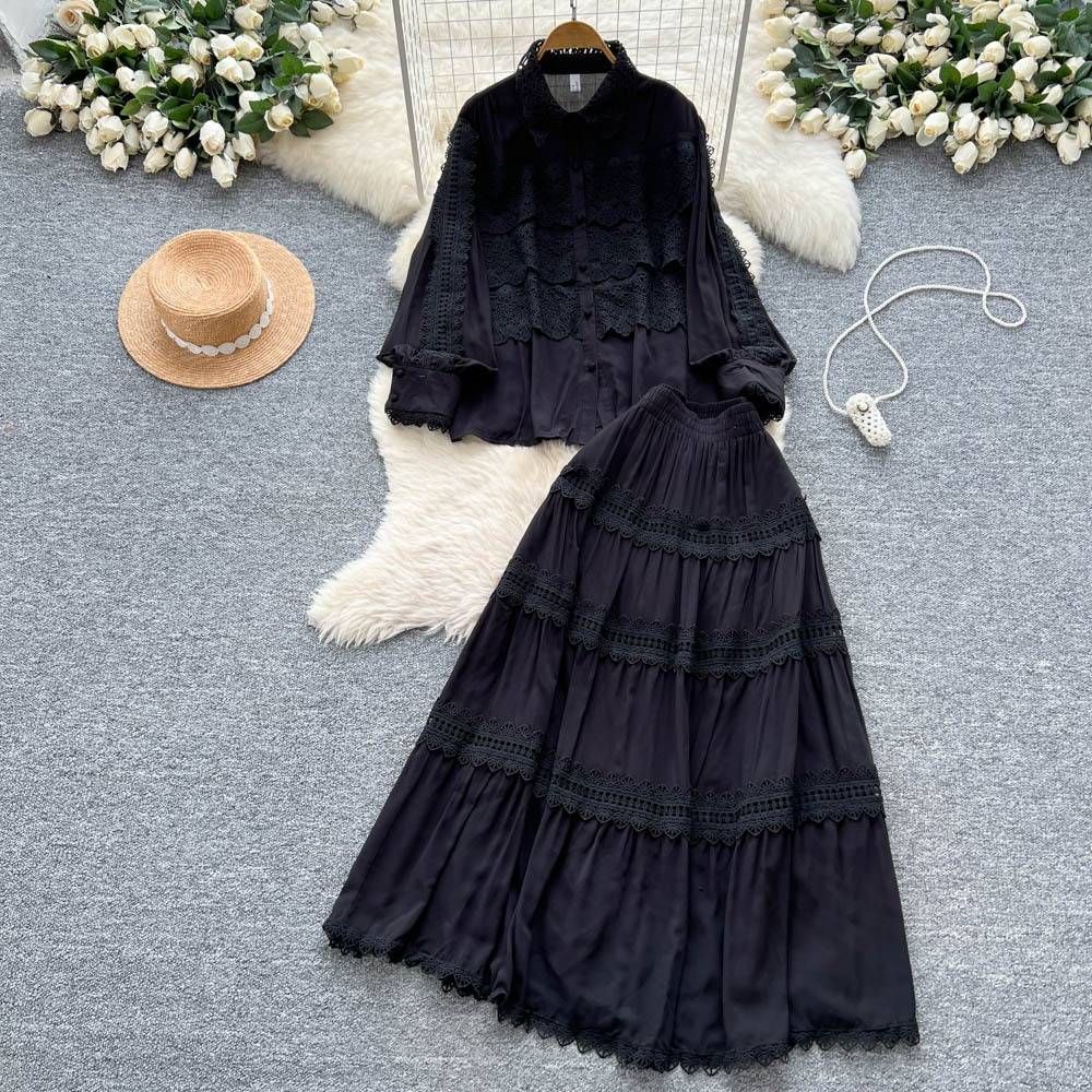 Damenbekleidung Palaststil Hohlhaken Blume Licht Reife Schwester Anzug Weiblicher Sommer Langarmhemd Elastische Taille Langer Rock_voghion.com