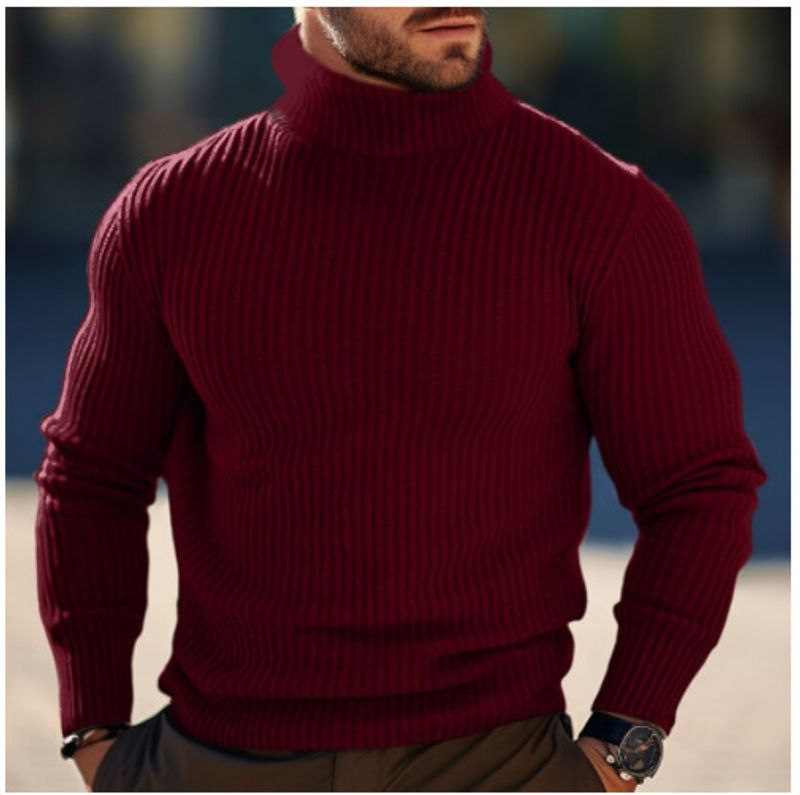Pull rayé en tricot à col haut pour homme – Pull ajusté en mélange acrylique avec ourlet côtelé (respirant, léger, décontracté pour l'hiver)_voghion.com