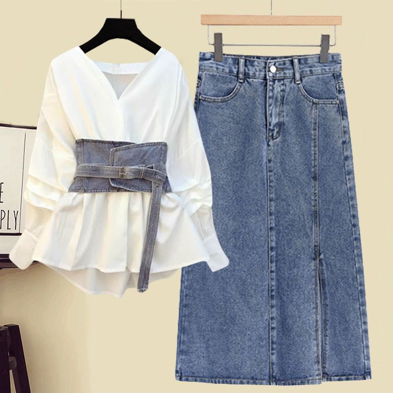 Damenbekleidung Neues Temperament Jeansrock Taille Einfaches Hemd Dreiteiliger Anzug Trend_voghion.com