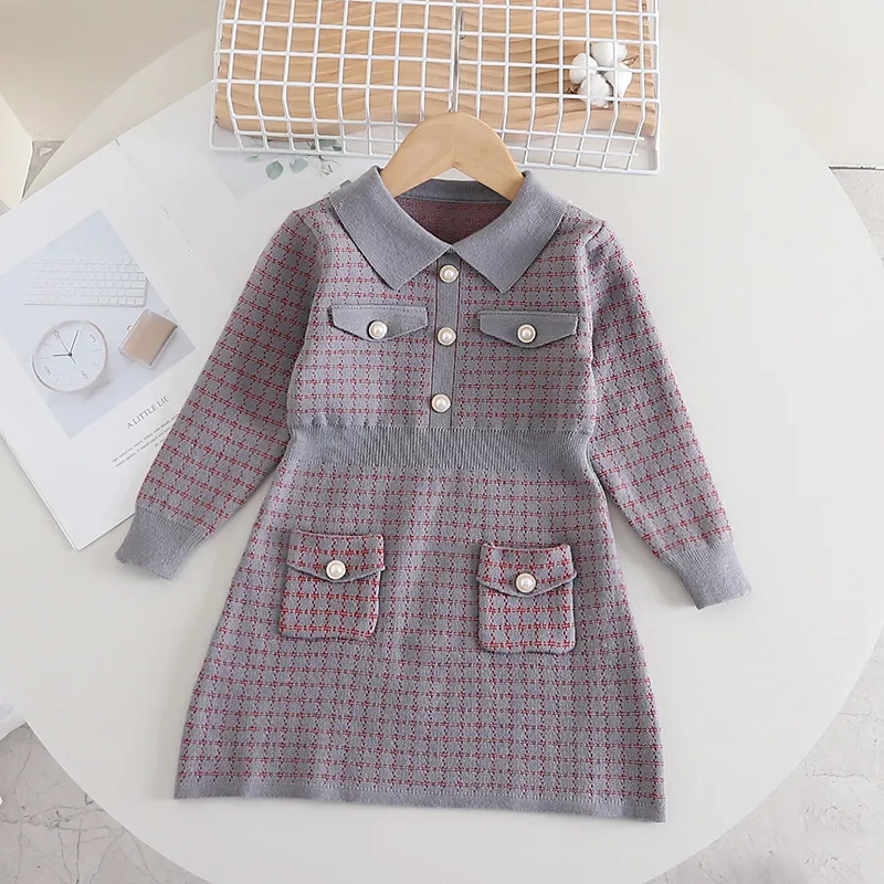 Robe pull tricotée à petits carreaux pour enfants, nouvelle collection automne/hiver, vent parfumé, poche à carreaux, trésor pour femmes_voghion.com
