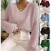 Knitted Women's Clothing 2023 Autumn Solid Color Lantern Long Sleeve Pullover Sweater V-Neck_voghion.com