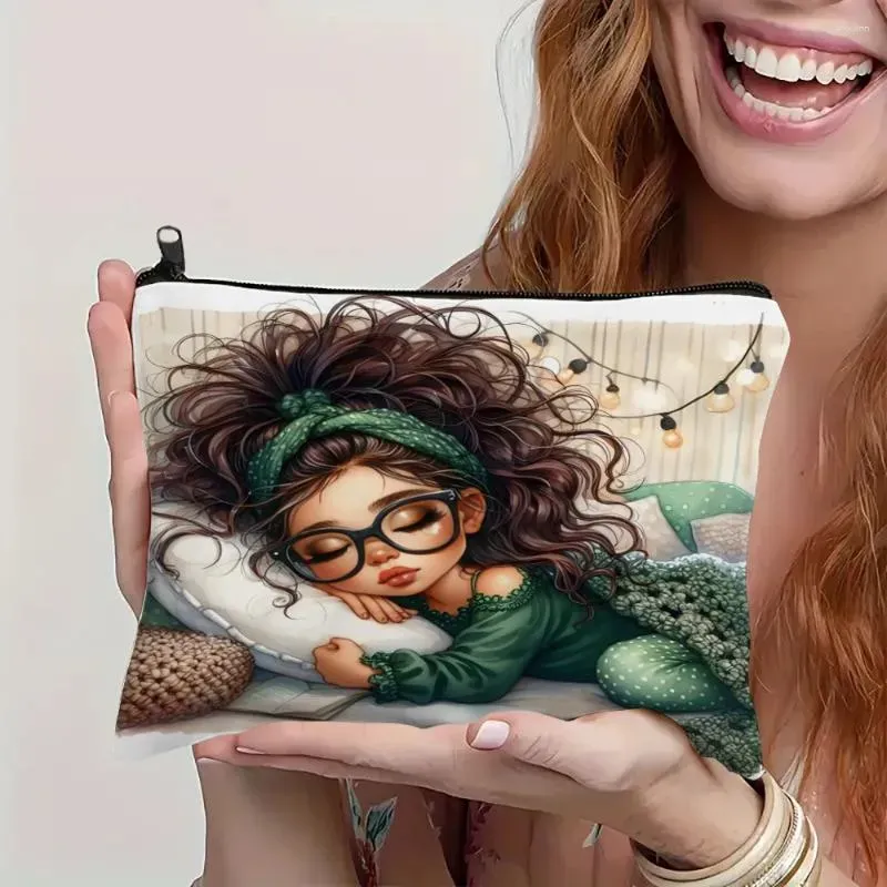 Kosmetiktasche mit niedlichem Cartoon-Mädchen-Design, ideales Geschenk für Schülerinnen, Make-up-Organizer für Reisen, leichte und modische Reißverschlusstasche_voghion.com