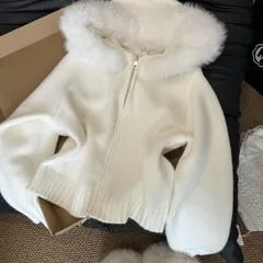 Oversized Zip-Up Hooded Cardigan – Winter Acrylic Knit Sweater With Faux Fur Trim (S-XL, White) – Boho Chic Open-Front Coat