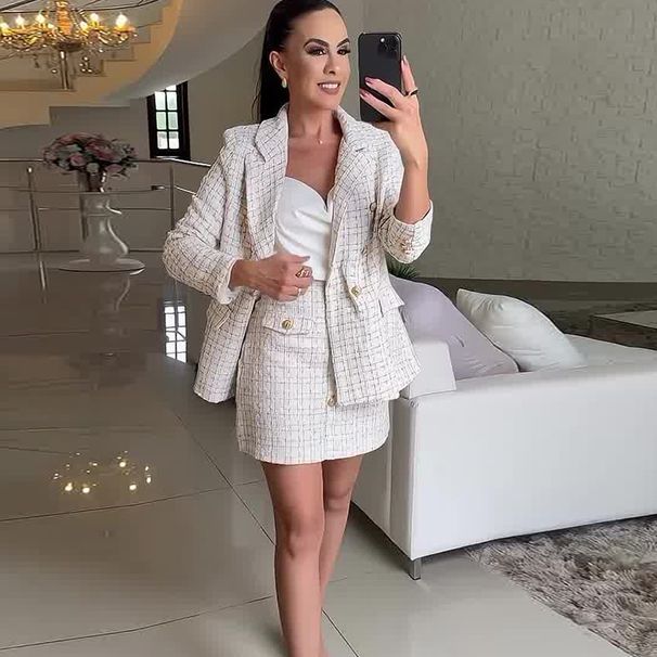 Abito da donna con gonna aderente, stile piccolo profumo, alla moda, con stampa pied de poule_voghion.com