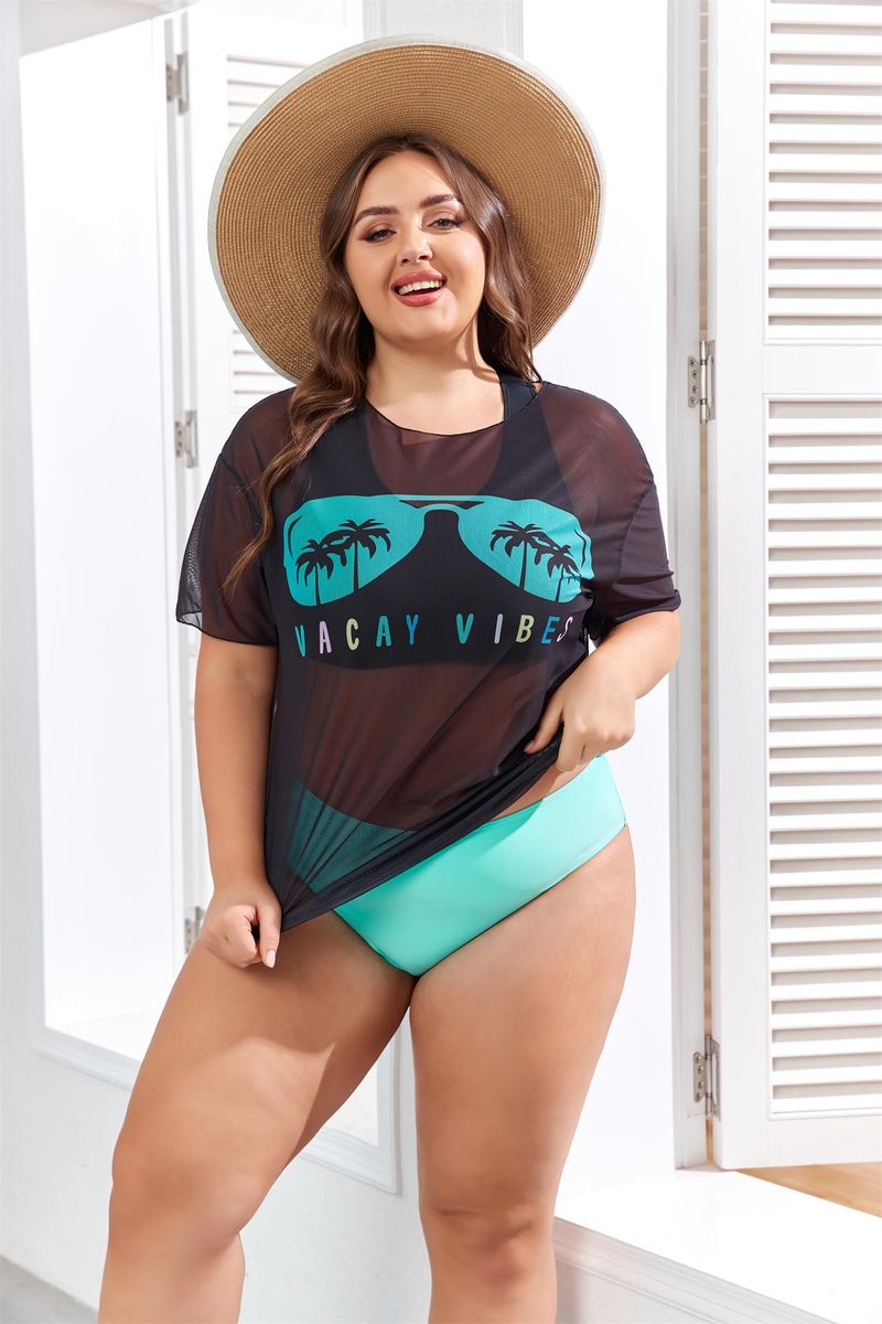 Large size women's three piece swimsuit split swimsuit with short sleeved mesh hoodie_voghion.com