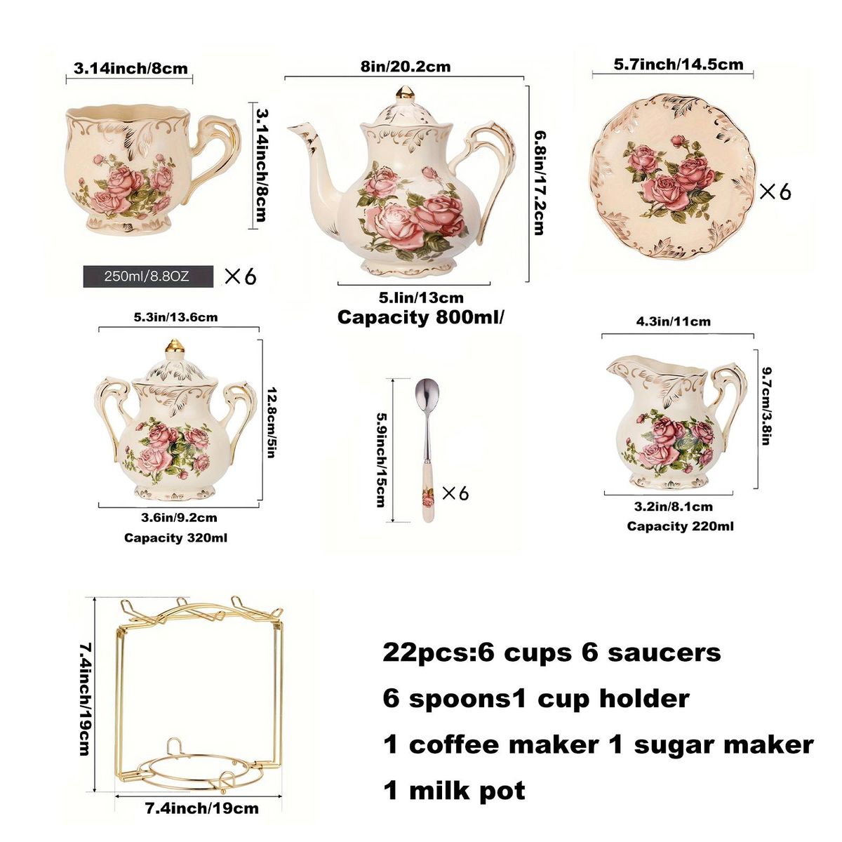 Vintage Rose And Golden Trimmed Artisan Ceramic Tea Set - Ideal Gift For Graduation Or Mother'S Day, Simple To Clean_voghion.com