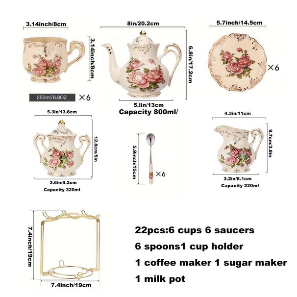 Vintage Rose And Golden Trimmed Artisan Ceramic Tea Set - Ideal Gift For Graduation Or Mother'S Day, Simple To Clean_voghion.com