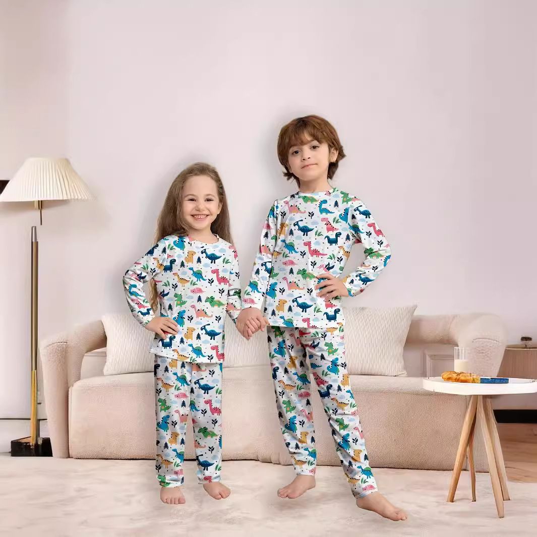 Nei Kanner Ronn Hals Hierscht Bottoming Ënnerwäsch Kostüm Kleng, Mëttel a Grouss Jongen a Meedercher Cartoon Dinosaurier Print Pyjama Heemkleeder_voghion.com