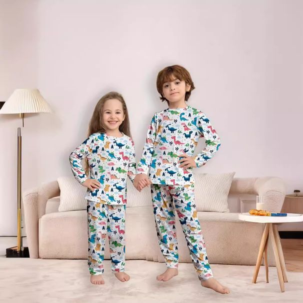 Nei Kanner Ronn Hals Hierscht Bottoming Ënnerwäsch Kostüm Kleng, Mëttel a Grouss Jongen a Meedercher Cartoon Dinosaurier Print Pyjama Heemkleeder_voghion.com