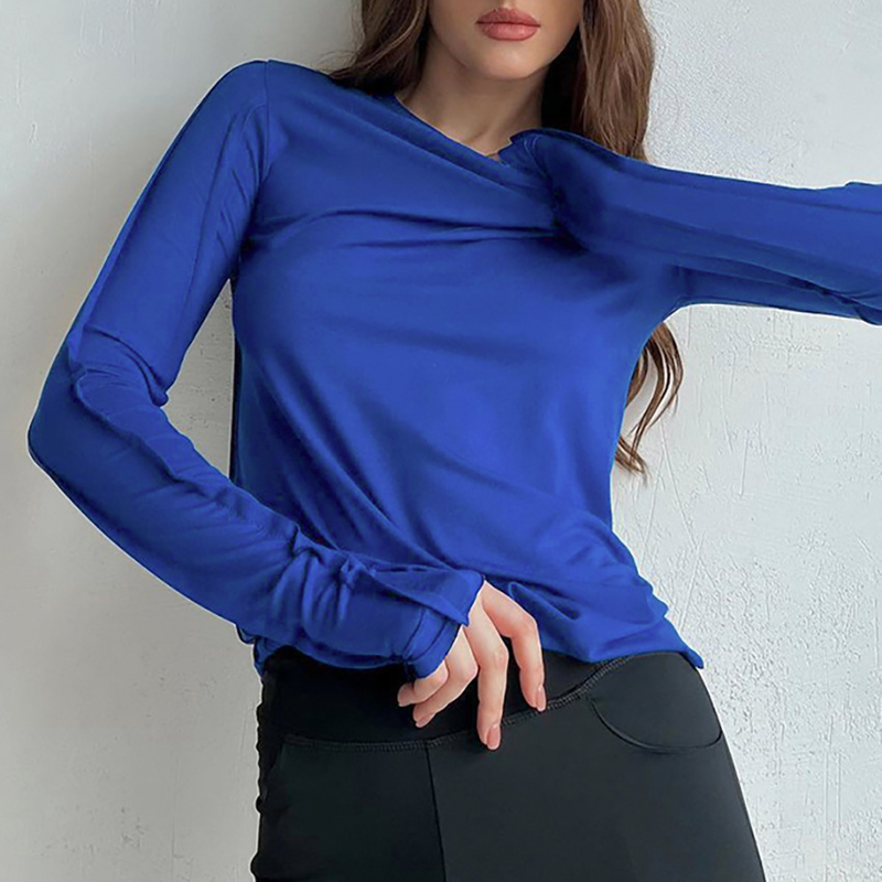Moda donna Klein blu manica lunga con base in maglia T-shirt_voghion.com