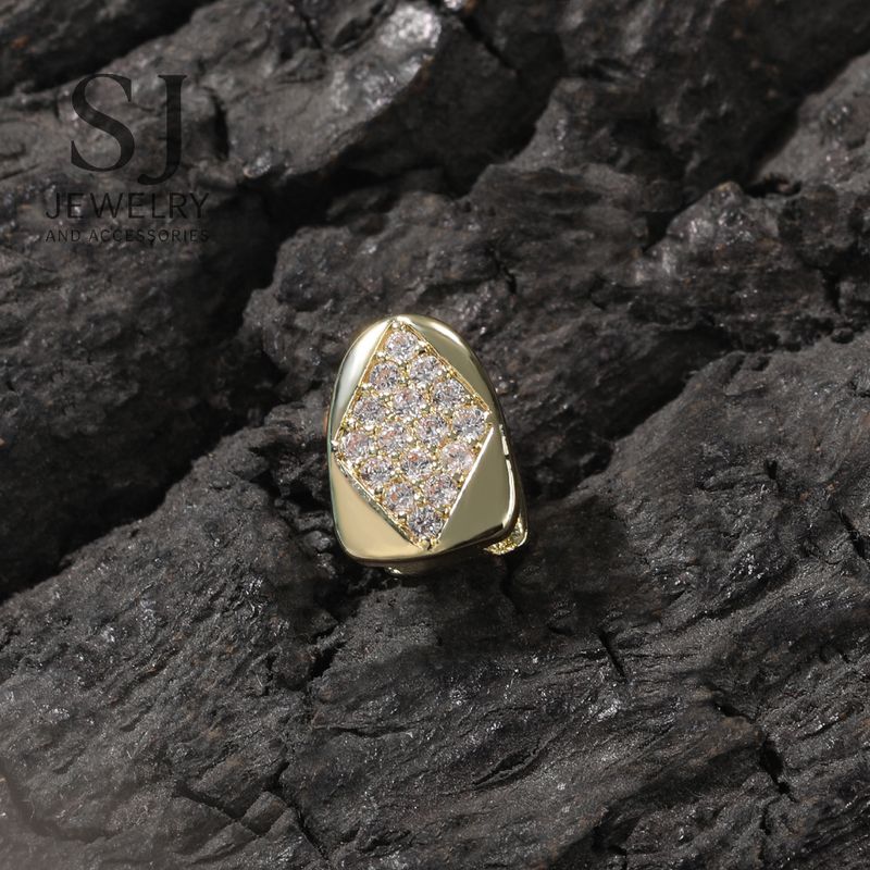 Single Diamond-Shaped Gold Teeth Grill – Iced Out Hip-Hop Tooth Cap For Men & Women,Rapper, Streetwear, Super Shiny, For Party, Music Videos, Cosplay_voghion.com