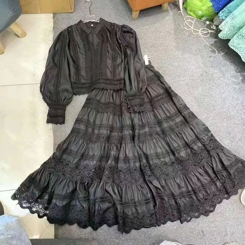 Women's Clothing Temperament Fashion Heavy Industry Splicing Lace Long Skirt Set_voghion.com