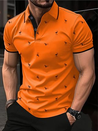 Erkek Giyim Yeni Erkek Yaka Polo Flamingo Kısa Kollu Gömlek Moda Kişilik Baskılı Sokak Kısa Kollu Üst_voghion.com
