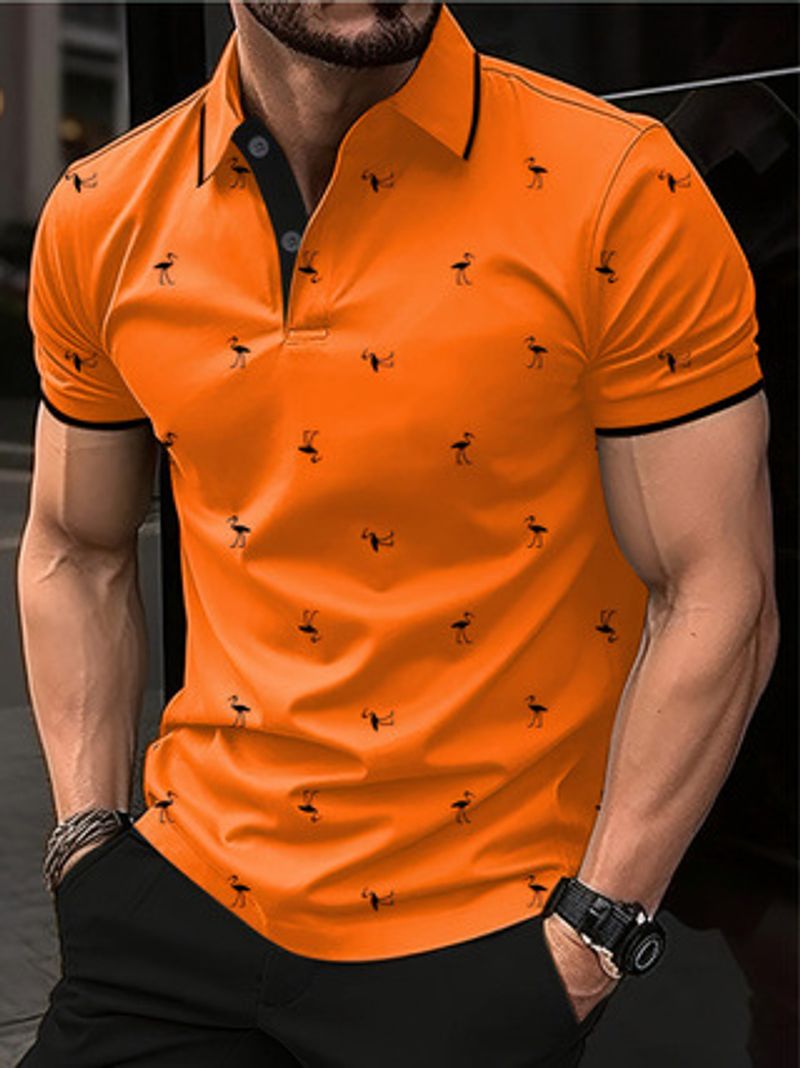 Men's Clothing New Men's Lapel Polo Flamingo Short Sleeved Shirt Fashionable Personality Printed Street Short Sleeved Top_voghion.com