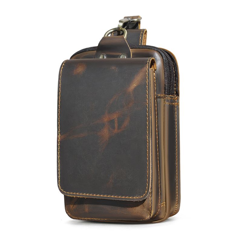 Head layer Crazy Horse Leather Cowhide Waist Bag for Men, Trendy Cool Mobile Camera, Outdoor 6-inch Small Waist Bag with Hook_voghion.com