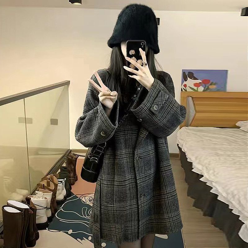 Hepburn woolen with waistband and pattern, coat for early autumn Korean style medium to long length, high-end feeling_voghion.com