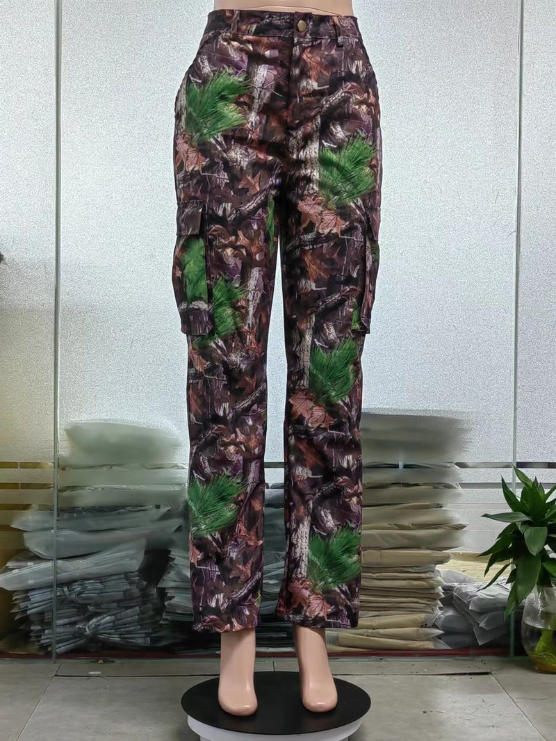 Ženska oblačila Ins Style Jesen in zima Nova modna moda Listnati potisk Ravni kombinezon z visokim pasom in žepi v večbarvni barvi_voghion.com