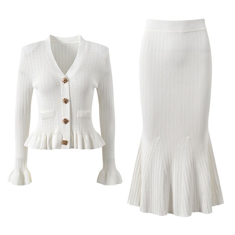 Abito due pezzi da donna, monopetto, con scollo a V, polsini e orlo a coste, gonna a sirena con cintura_voghion.com