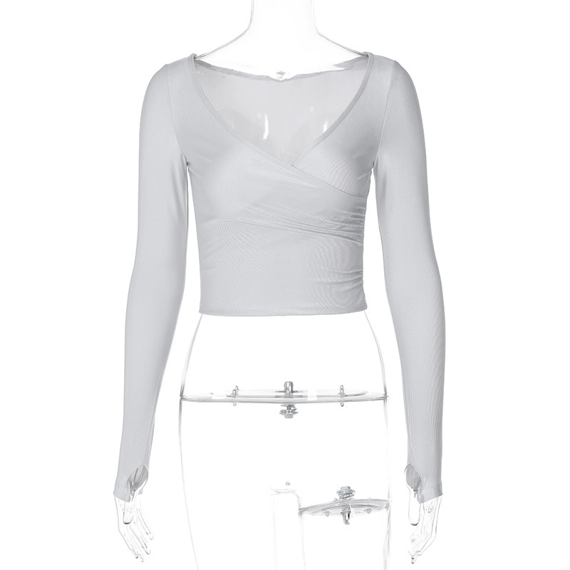 T-shirt lunga versatile a maniche lunghe a pieghe attillate a V profonda con scialle sexy da donna per la strada_voghion.com